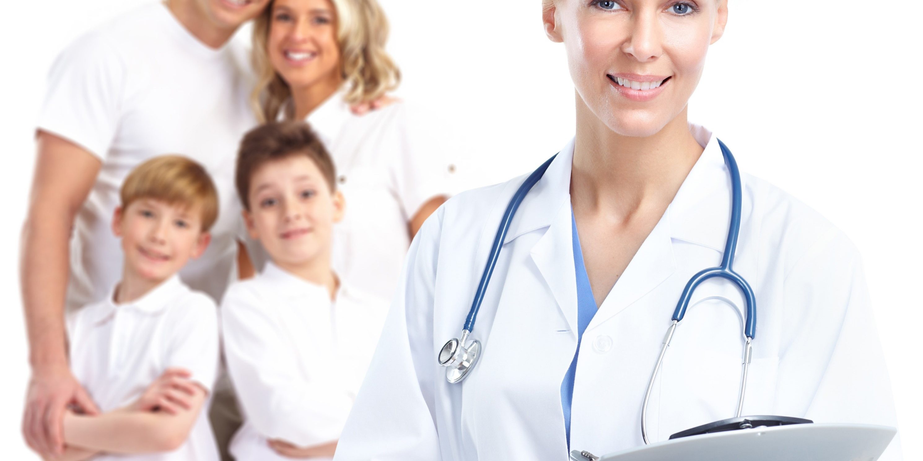 female doctor smiling with family of four in background
